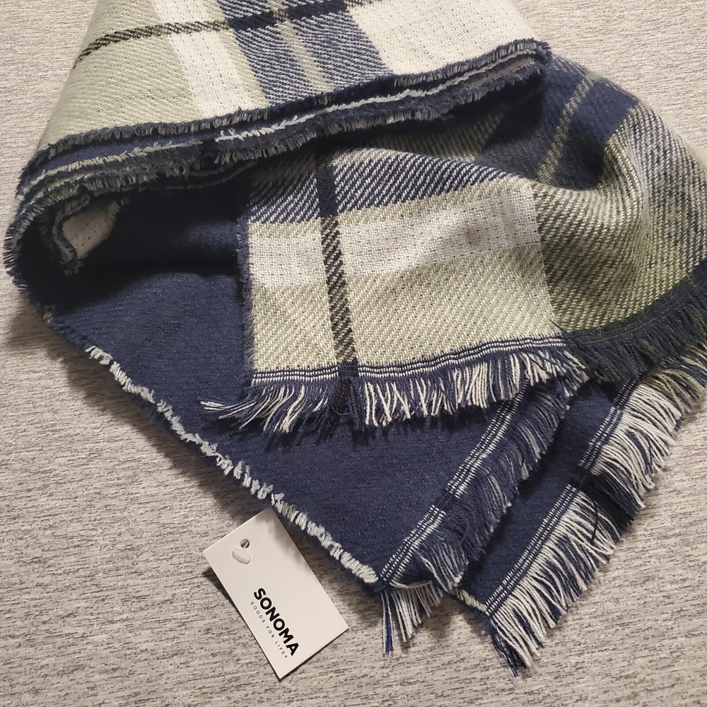 Sonoma‎ Blue Plaid Shawl Scarf 100% Polyester SOFT 80" NWT